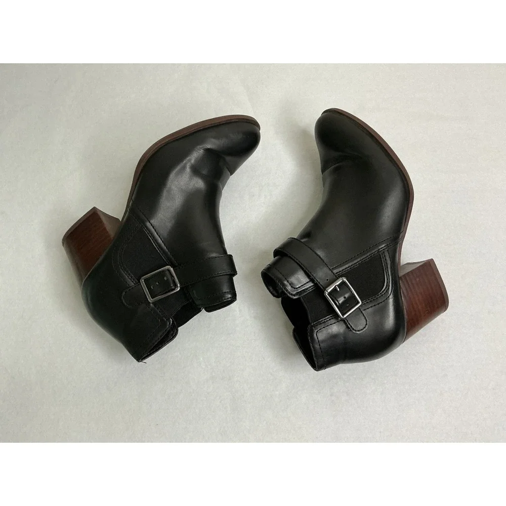 Franco Sarto Malvina Black Ankle Boots Block Heel Buckle 9.5M